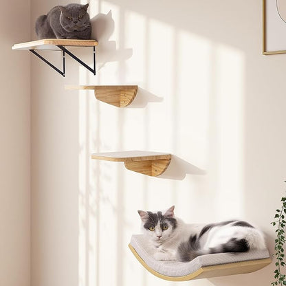 Cat Wall Shelves and Cats Window Perch – Natural Wood 4-Piece Set by PELUOMOZ