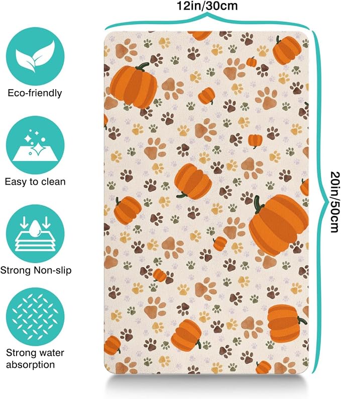 Fall Pumpkin Dog Food & Water Mat, Paw Prints Autumn Pet Feeding Mat - Image 4