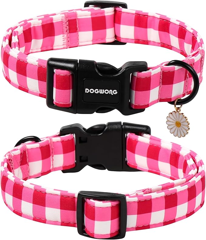 DOGWONG Pink Checkered Dog Collar, Cute Pink Plaid Dog Collars, Adjustable Girl - Image 2