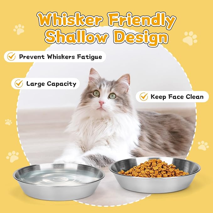 4-Pack Stainless Steel Cat Food Bowls, Shallow Whisker-Friendly Non-Slip - Image 2