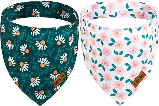 Spring Dog Bandanas with Snap Button, 2 Pack Floral Dog Scarf by THLOHDogBandanas