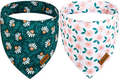 Spring Dog Bandanas with Snap Button, 2 Pack Floral Dog Scarf by THLOHDogBandanas