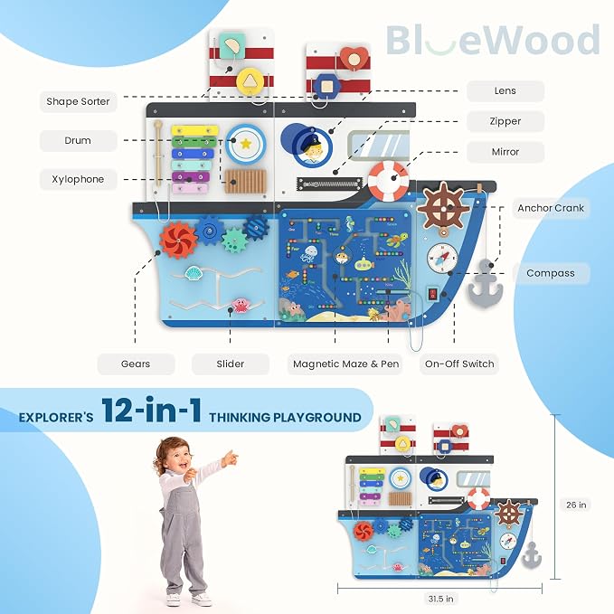 BlueWood Wooden Wall Busy Board Panels, Toddler Learning Activity Center - Image 2