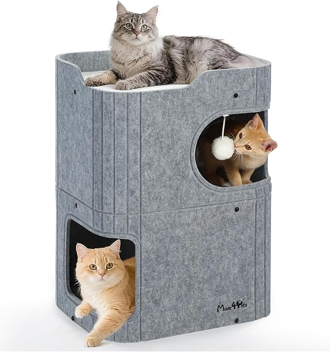 Made4Pets Cat House for Indoor Use, 2-Storey Cube Bed Cave, Covered Hideaway by Made4Pets
