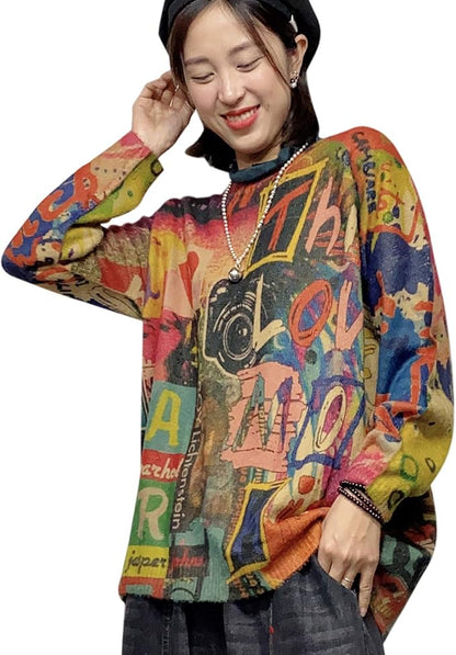 YESNO Women Christmas Sweater Graphic Printed Oversized Pullover Sweaters by YESNO