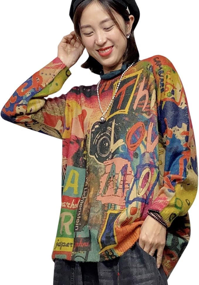 YESNO Women Christmas Sweater Graphic Printed Oversized Pullover Sweaters by YESNO