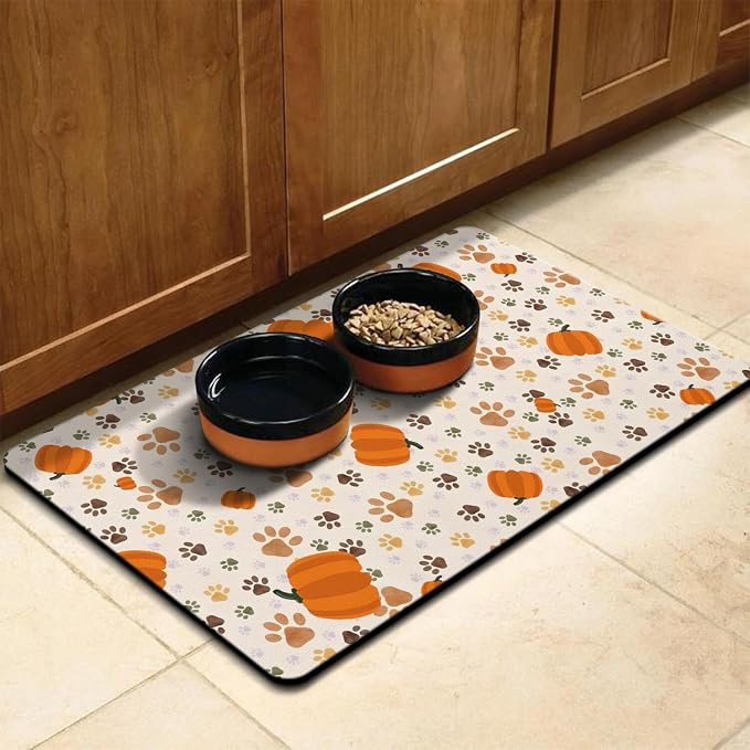 Fall Pumpkin Dog Food & Water Mat, Paw Prints Autumn Pet Feeding Mat - Image 7
