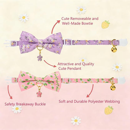 2 Pack Floral Cat Collars with Bow Tie and Bell Adjustable Breakaway Bowtie - Image 2