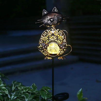 KAIXOXIN Garden Solar Lights Metal Cat Crackle Glass Globe Stake Light - Image 5