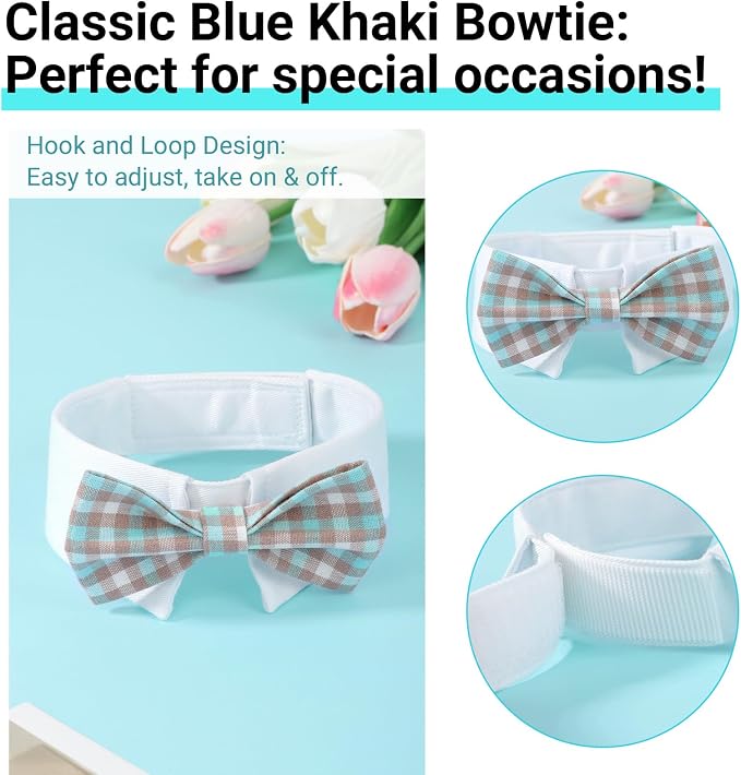 Segarty Dog Bow Tie Neck Girth 10.2-12.6in, Adjustable Blue Khaki Plaid Bowtie - Image 2