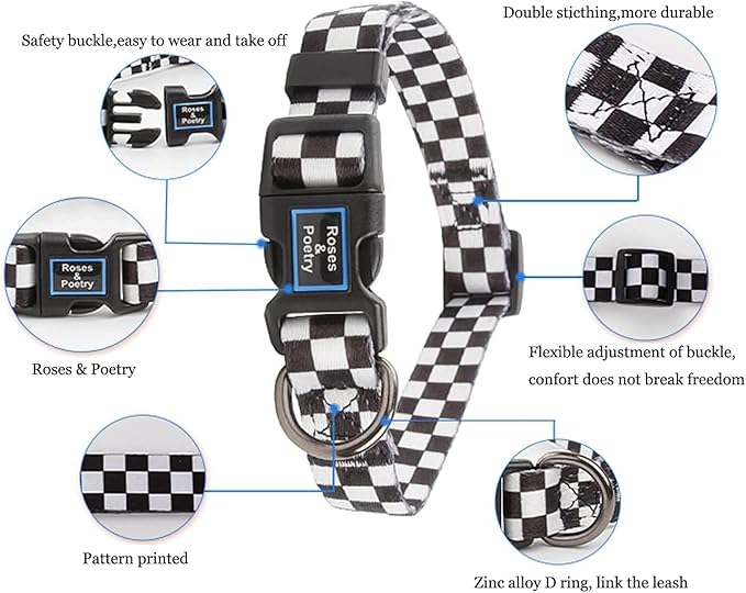 Roses&Poetry Dog Collar with Colourful Checkered Patterns, Adjustable Durable - Image 2