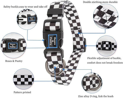 Roses&Poetry Dog Collar with Colourful Checkered Patterns, Adjustable Durable - Image 3