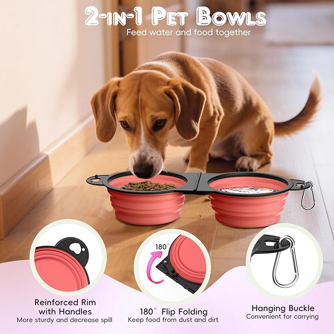Pawaboo 2-in-1 Collapsible Dog Bowls, Dual Puppy Food and Water Bowls, 180° - Image 4