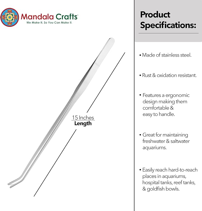 Mandala Crafts 15 Inches Silver Stainless Steel Curved Aquarium Tweezers - Image 3