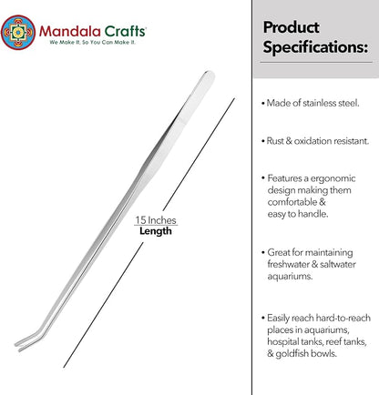 Mandala Crafts 15 Inches Silver Stainless Steel Curved Aquarium Tweezers - Image 3