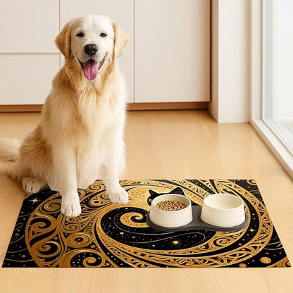 Cat Feeding Mat 24x16 inch Gold Black Artistic Cat Print Pet Bowl Placemat Non - Image 3