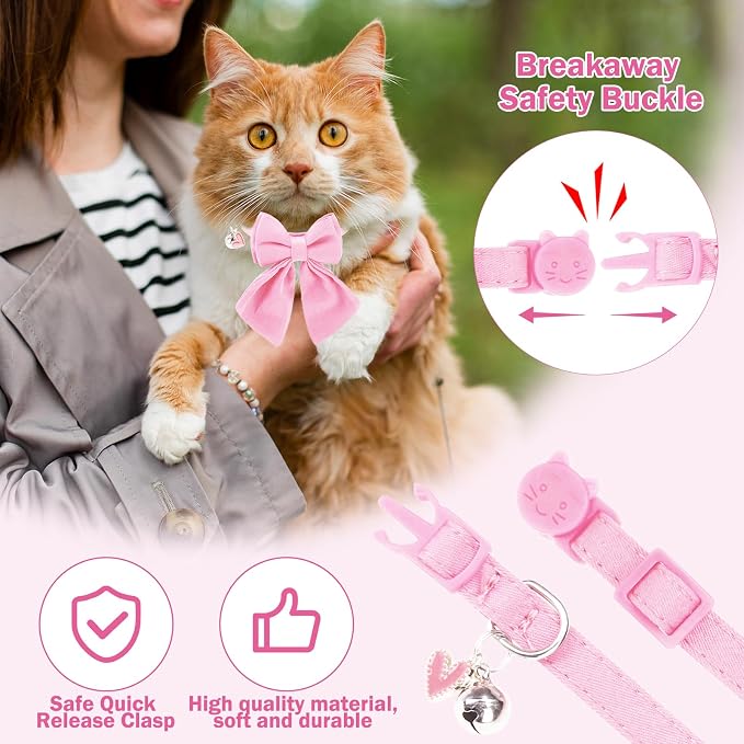 Cat Collar Breakaway with Bells, Soft Pure Cotton Pink Cat Bowtie Collar - Image 3