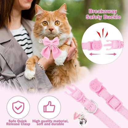 Cat Collar Breakaway with Bells, Soft Pure Cotton Pink Cat Bowtie Collar - Image 3