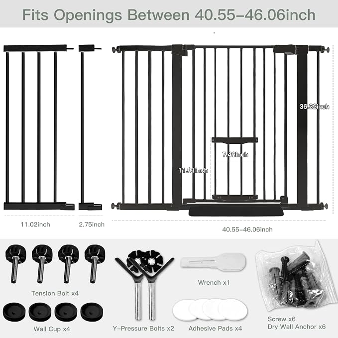 37 Inch Tall Baby Gate with Cat Door, Adjustable 29.55" and -46.06", Auto Close - Image 2
