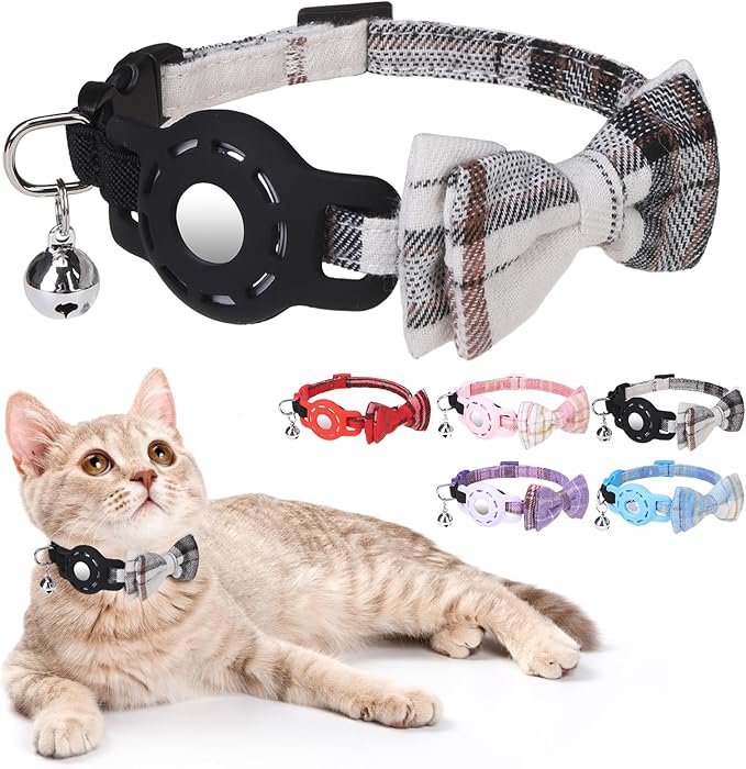 Airtag Cat Collar with Bells and Bowtie -Safety Elastic Band Kitten Collar by DILLYBUD