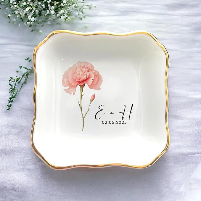 Personalized Floral Jewelry Dish, Engaged Ring Dish, Custom Trinket Dish - Image 2