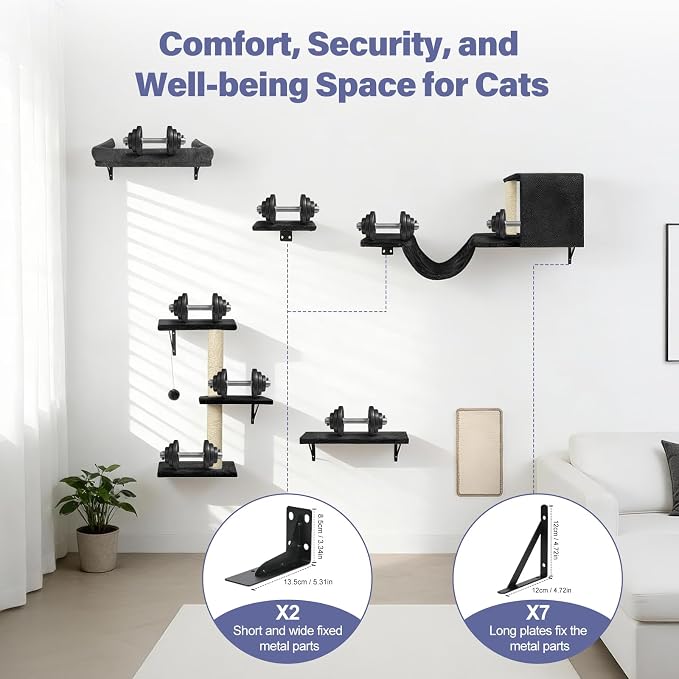 Cat Wall Shelves, Stable & Safe 6 in 1 Cat Furniture Set Black, - Image 7