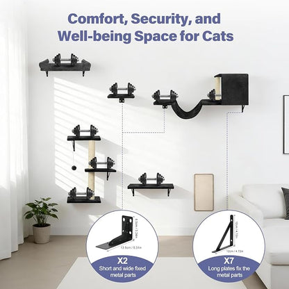 Cat Wall Shelves, Stable & Safe 6 in 1 Cat Furniture Set Black, - Image 7