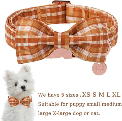 Fall Plaid Dog Collar and Bow Tie Set – Brown Orange Checkered Adjustable Collar - Image 2
