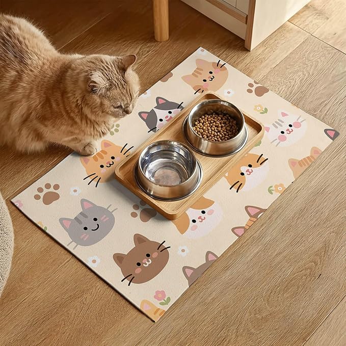Cat Feeding Mat 24x16 inch Beige Kitten Print Pet Bowl Placemat Non Slip Floor - Image 2