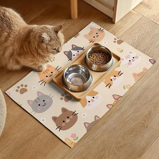 Cat Feeding Mat 24x16 inch Beige Kitten Print Pet Bowl Placemat Non Slip Floor - Image 2