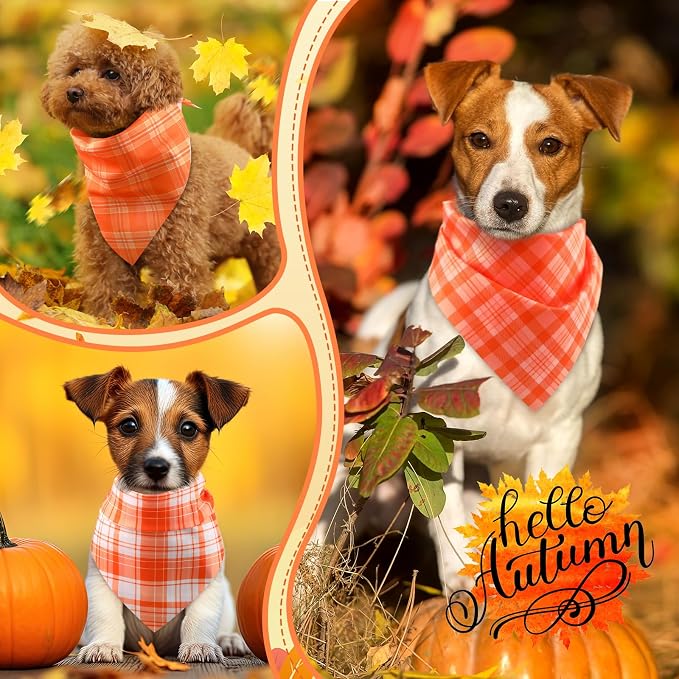 Abbylike 50 Pcs Orange Plaid Dog Bandanas Bulk Check Pattern Bandanas - Image 6
