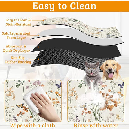 Wildflowers Butterfly Dog Cat Food Mat, Plants Absorbent Waterproof Placemat - Image 5