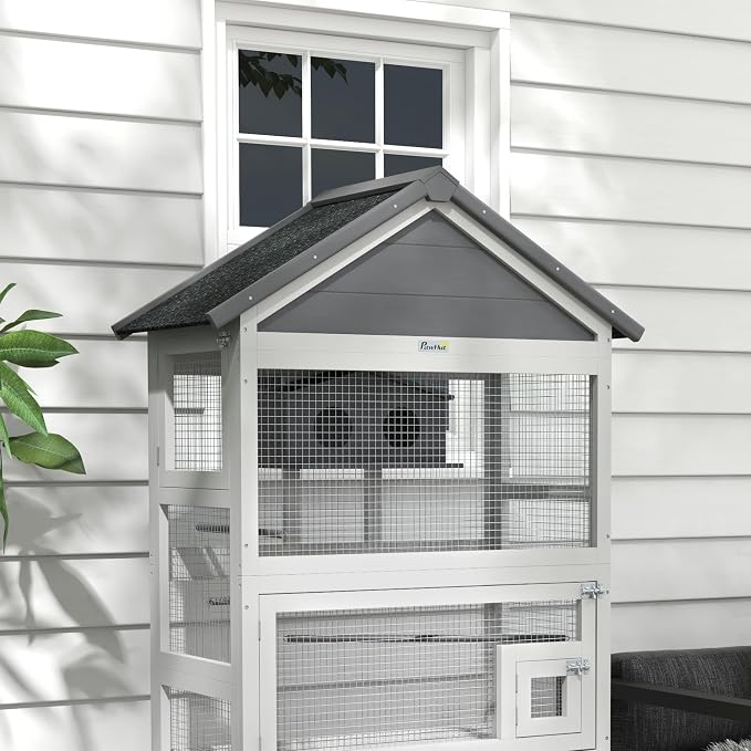 PawHut Wooden Bird Aviary, Three Doors, Perches - Image 9