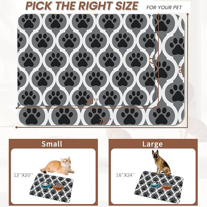Gray Paw Print Geometric Dog Cat Food Mat, Absorbent Pet Feeding Mat - Image 2