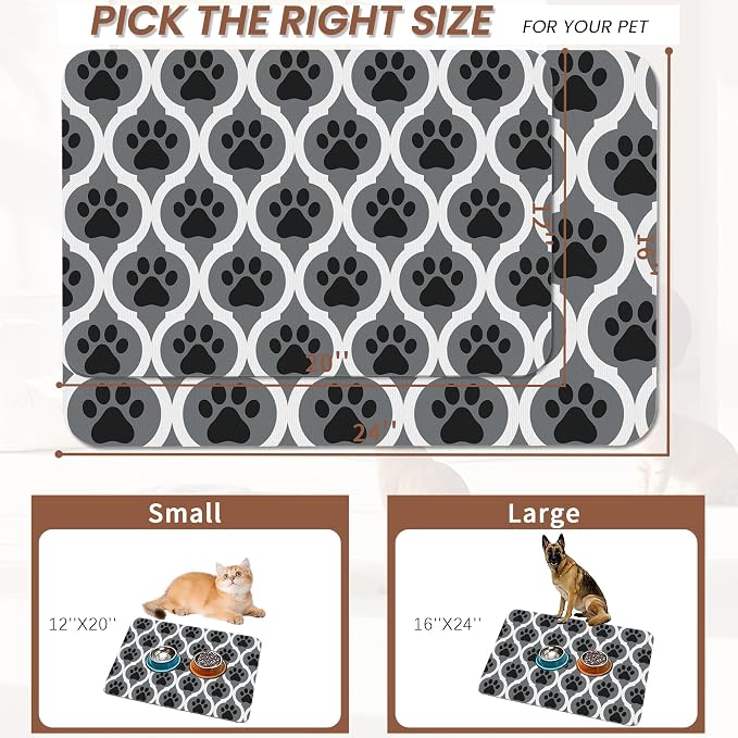 Gray Paw Print Geometric Dog Cat Food Mat, Absorbent Pet Feeding Mat - Image 2