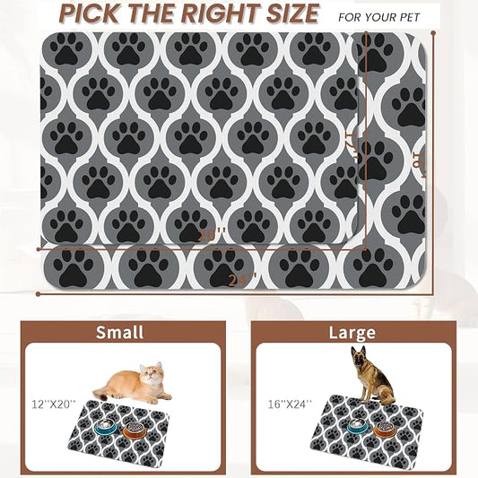 Gray Paw Print Geometric Dog Cat Food Mat, Absorbent Pet Feeding Mat - Image 2