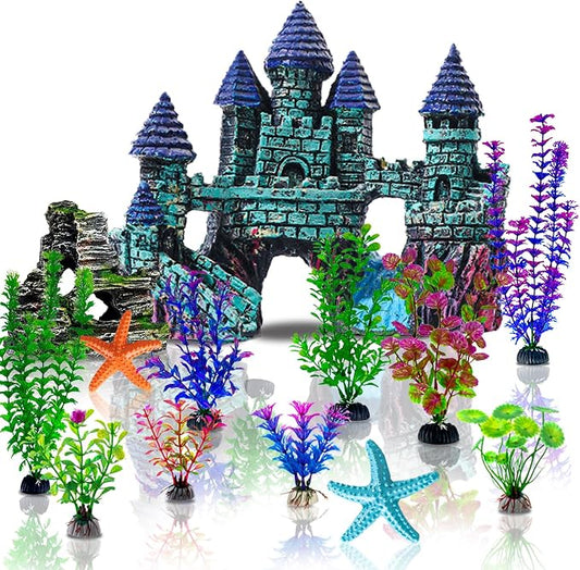 13 Pieces Aquarium Decorations Kit, Fish Tank Decorations Set Small Resin by Mechpia