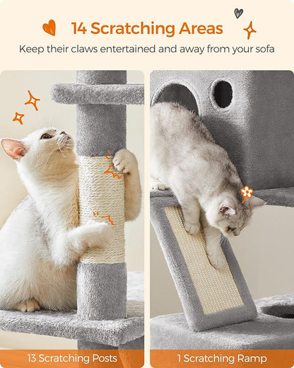 Feandrea Cat Tree, 81.1-Inch Large Cat Tower, 2 Perches, 2 Caves, Light Gray - Image 6