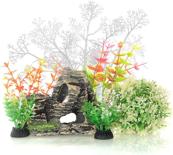 JIH Aquarium Fish Tank White Plastic Plants and Cave Rock Decorations Decor Set by JIH