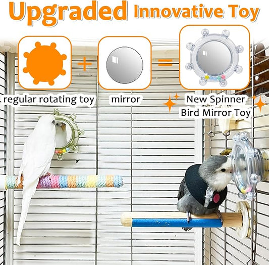 2Pcs Innovation Bird Toy with Hd Mirror, Spinner Rattle Parakeet Toy with - Image 2