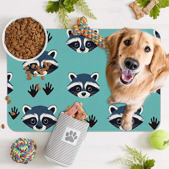 Cute Raccoon Dog Food Mat for Floors, Absorbent Pet Food and Water Bowl Mats - Image 7