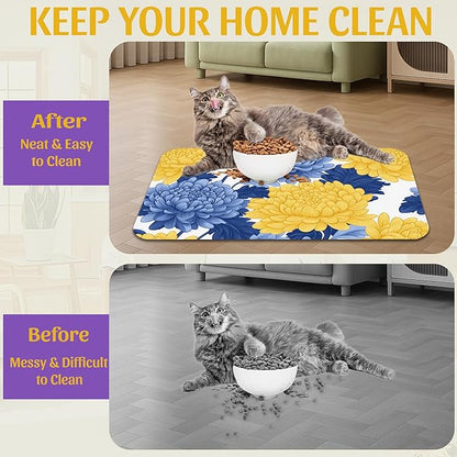 Blue Yellow Flowers Pet Feeding Mat, Quick Dry Absorbent Water Bowl Mat - Image 4