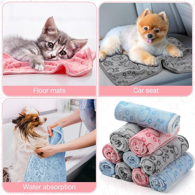 Tegeme 12 Pcs Pet Blankets Soft Fluffy Fleece Dog Cat Warm Paw Print Pattern - Image 5