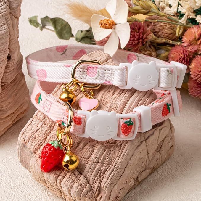 2 Pack Cotton Breakaway Cat Collar Pink Strawberries and White Heart Shaped - Image 5