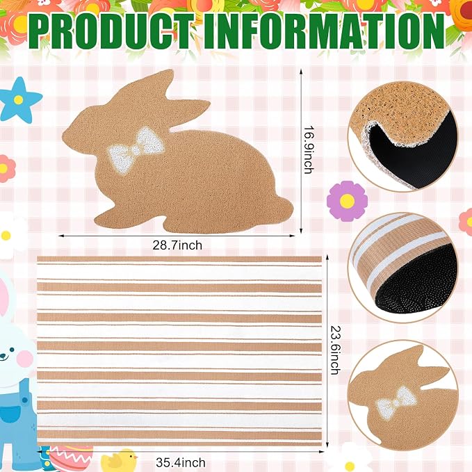 Tinideya 2 Pcs Bunny Door Mat Rabbit Welcome Non Slip Coir Mats Brown and White - Image 2