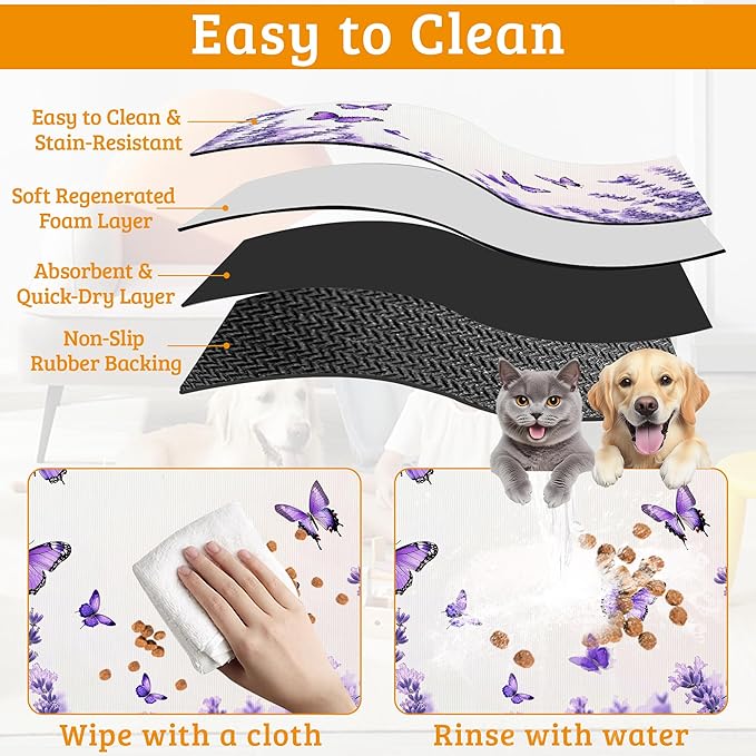 Pet Feeding Mat, Lavender Butterfly Absorbent Dog Cat Food Mat Purple Dog Mat - Image 5