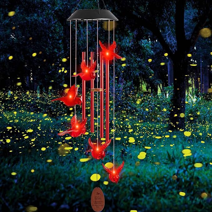 Solar Cardinal Wind Chimes Outdoor Solar Lights Cardinal Red Bird Windchimes - Image 3