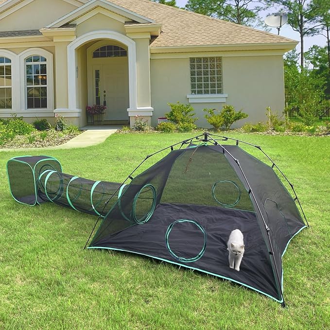 3-in-1 Outdoor Cat Enclosures, Portable Catio Green Cat Tents by Pawtenda