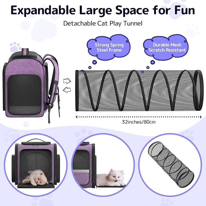 Cat Backpack Carrier with Detachable Play Tunnel, 2 in 1 Cat Tunnel Backpack - Image 2