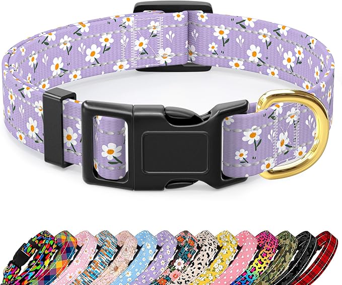 Reflective Dog Collar for Medium Dogs, Cute Flower Theme Adjustable Heavy-Duty by TMOODEL